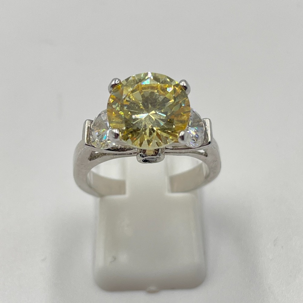 Vintage Y2K Canary Yellow Crystal Three Stone Ring Silver Tone Statement Size 6